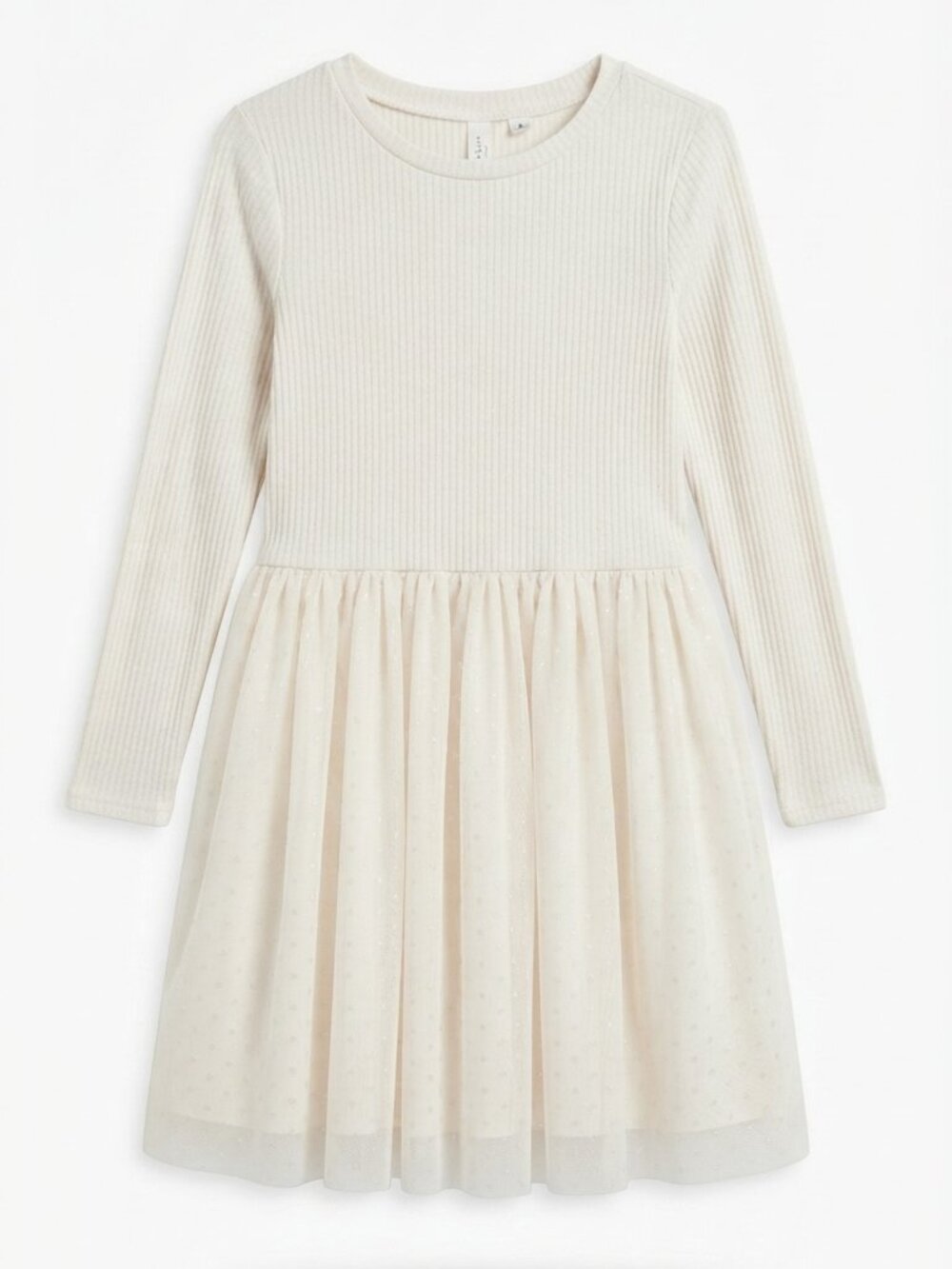 Cat & Jack Girls Cream Ribbed Knit & Tulle Dress Size L (10-12) Long Sleeve